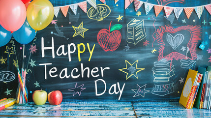 Chalkboard with happy teacher day message and drawings