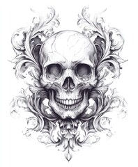 A detailed illustration of a human skull with intricate floral designs, drawn in a realistic style.