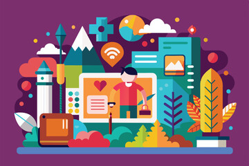A vibrant digital workspace blending nature with technology, showcasing design tools, graphics, and outdoor elements, ideal for creative inspiration.