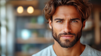 Obraz premium Portrait of handsome man with beard looking at camera in cafe.