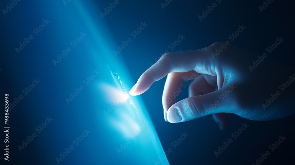 Aufkleber finger pressing a glowing digital button on a blue background, symbolizing touch interaction and tec