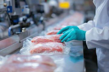 Meat Packaging Line  Worker in Gloves Placing Vacuum Sealed Pork on Conveyor Belt