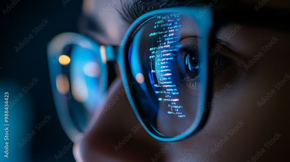 Poster Reflection of colorful code in a programmer's glasses during a complex tech project. Software development session in focus.