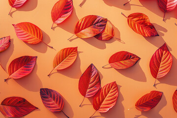Red and orange leaves on vibrant orange background
