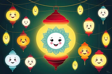 Fototapeta premium Whimsical Glowing Lantern Art Featuring Joyful Symbols and Cheerful Faces