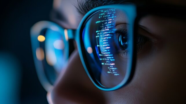Reflection of colorful code in a programmer's glasses during a complex tech project. Software development session in focus.