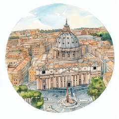 Saint Peters Basilica circle watercolor painting. St. Peter's Basilica