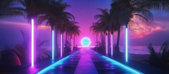 Neon-lit Tropical Pathway at Sunset with Palm Trees and Futuristic Lighting Leading to a Glowing Horizon
