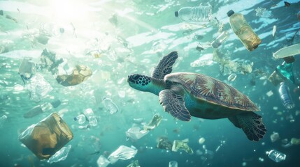 Obraz premium Sea turtle swimming among floating plastic waste in the ocean, bottles, bags, and debris surrounding it, clear blue water with sunlight filtering down, a powerful image highlighting pollution,
