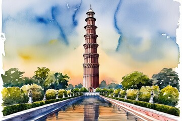 Naklejka premium Breathtaking Watercolor Illustration of Qutub Minar Landmark in India
