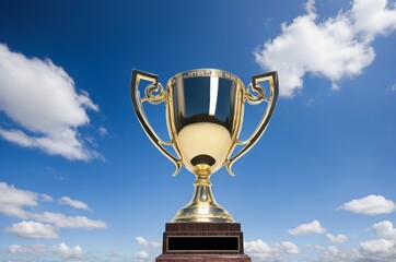 Golden trophy against bright blue sky with clouds