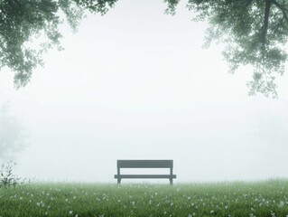 Obraz premium Serene Bench Nestled in a Tranquil Field Surrounded by Lush Green Grass and Gentle Wildflowers Under a Clear Blue Sky