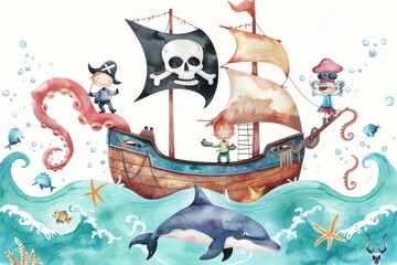 Naklejka premium A pirate ship sailing on the open ocean with clouds and sea visible
