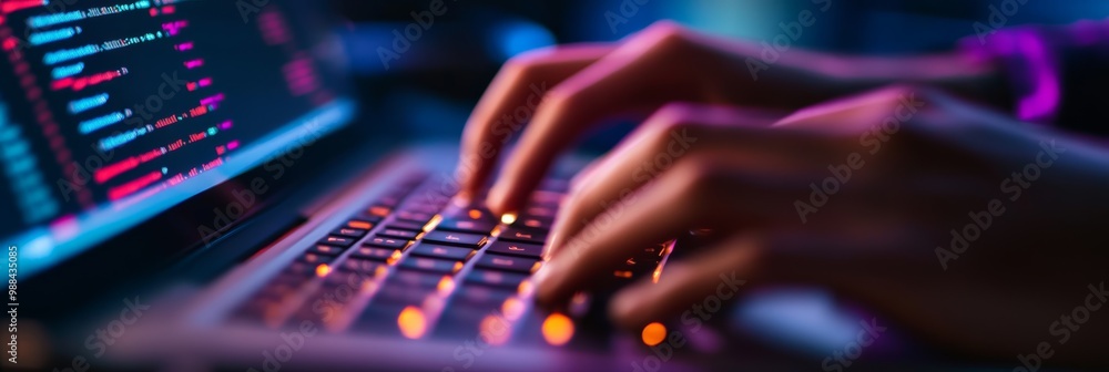 Poster Close-up of hands typing code on a purple-lit laptop, emphasizing innovation in software development.