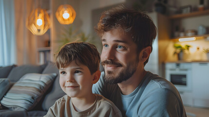 Fototapeta premium Father showing son smart home system, adjusting household functions, lighting, security cameras, door locks and smart thermostat or heating settings. Concept of sustainable