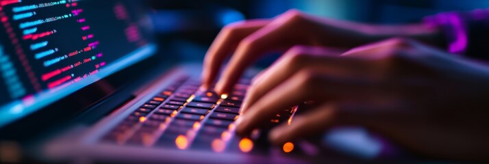 Close-up of hands typing code on a purple-lit laptop, emphasizing innovation in software development.