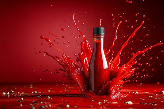 Hot pepper sauce exploding from a bottle, with red sauce splashing in all directions in an abstract style