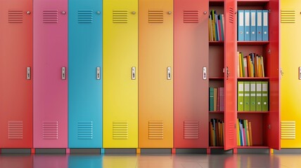 Colorful and organized school lockers filled with books and supplies