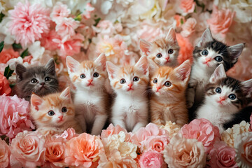 Fototapeta premium Many adorable kittens posing amidst colorful flowers in a garden.