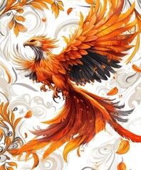 Obraz premium A fiery phoenix with outstretched wings soars against a swirling, white background with orange and gray leaf patterns.
