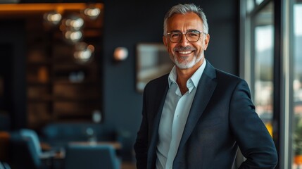 Fototapeta premium Confident Mature Businessman in Modern Office Setting with Natural Light and Stylish Interior Design