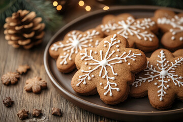 Christmas baking, cooking and food concept. Close up of iced cookies on wooden table top