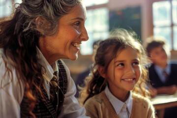 A woman sits next to a young girl at a desk, in a typical classroom setting