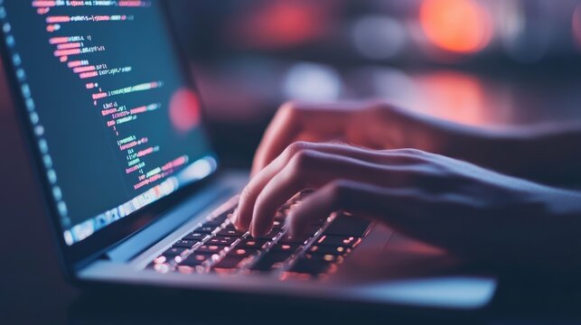 Close-up of hands typing on a laptop keyboard with red and blue light reflections on the screen showing code.