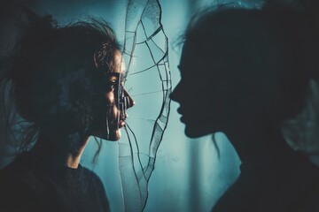 A person standing in front of a cracked mirror, their reflection distorted, with shadows looming in the background