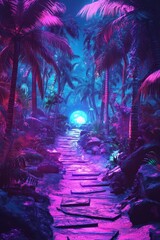 Obraz premium Enchanting Neon Jungle Pathway Illuminated by Moonlight in a Tropical Paradise