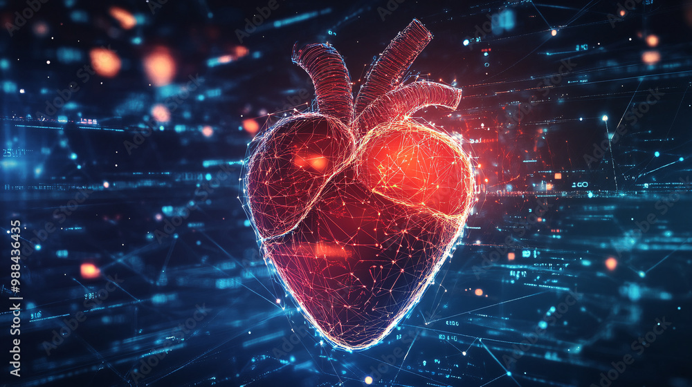 Poster heart. human heart surrounded by digital data streams. isolated tech-inspired background. big data a