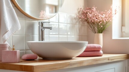 Fototapeta premium Modern Bathroom Interior with Stylish Sink, Wooden Countertop, and Pink Towels in Soft Natural Light