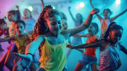 Group of girls dancing on stage, colorful costumes and energetic performance