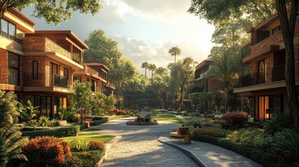 Serene residential area with lush greenery and modern architecture.