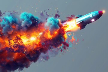Fototapeta premium A blue and red rocket soaring through the sky, with smoke trail behind