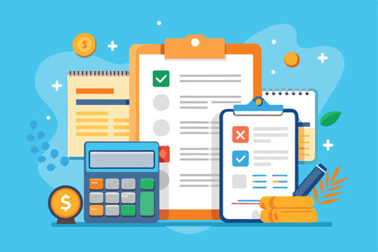 A vibrant illustration displaying customizable invoices, accounting tools, and financial elements like a calculator and documents on a blue backdrop.