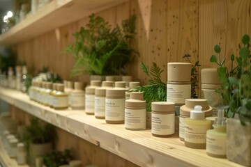 Displaying natural beauty products on rustic wooden shelves