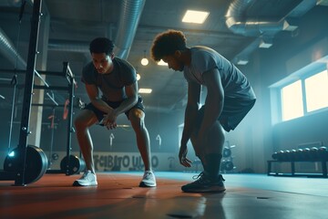 A mentor assisting a young athlete in perfecting their form during a high-intensity training session in a modern gym.