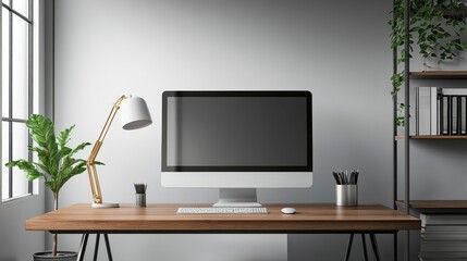 Minimalist Home Office Setup with Wooden Desk and Computer