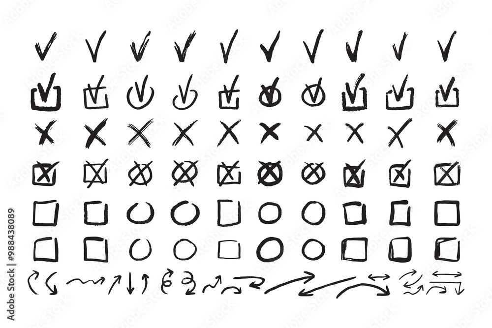 Poster check marks doodle black line element set, tick and a cross, empty thin box and arrow sign. grunge h