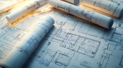 Detailed architectural blueprints with multiple building plans, rolled up scrolls and drafting tools, depicting the design process..