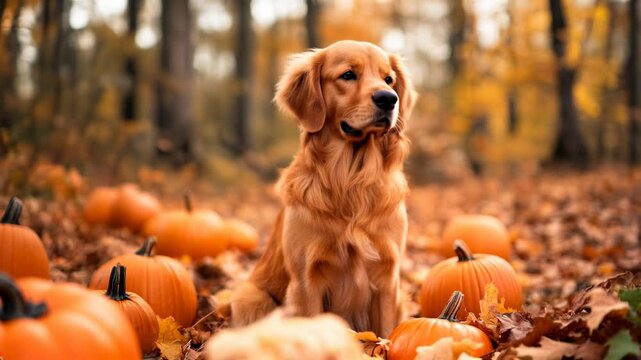 Dog with Halloween pumpkins in an autumn woodland