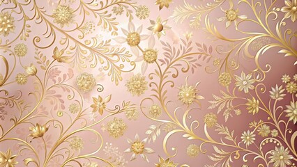Softly illuminated pastel pink expanse provides a serene backdrop for elegant gold floral motifs to unfurl, exuding refinement and poise.