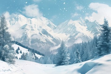 Fototapeta premium A serene snowy mountain range with dense trees and snow-covered peaks