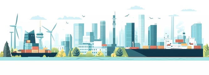 Flat vector illustration of an industrial city skyline with cargo ships, wind turbines, and green trees on a white background
