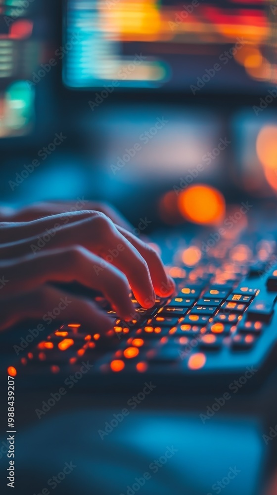 Poster Close-up of hands typing on a backlit keyboard in a dimly lit room. Colorful glow reflects coding activity, symbolizing modern technology and programming.