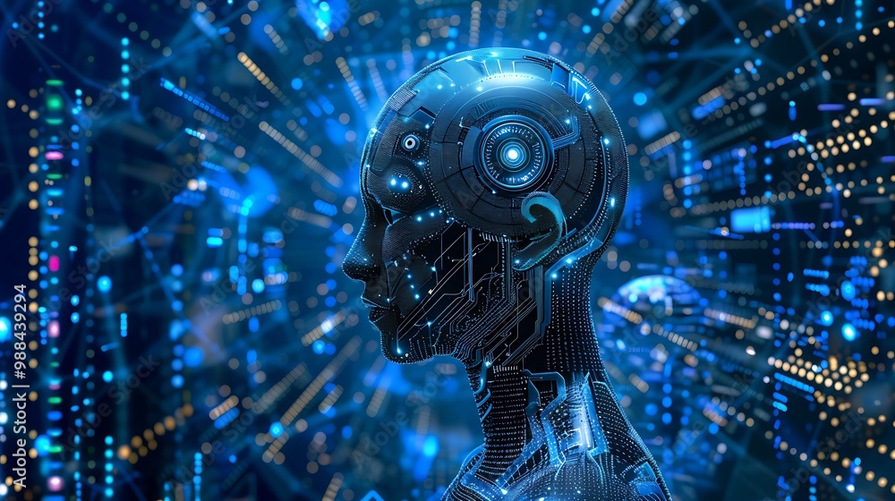 Poster futuristic cyborg head looking towards the right side of the image. the head is made of metal with g