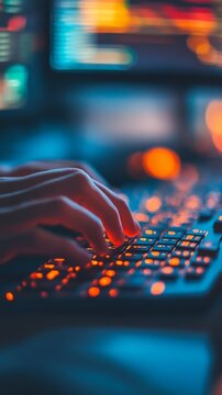 Close-up of hands typing on a backlit keyboard in a dimly lit room. Colorful glow reflects coding activity, symbolizing modern technology and programming.
