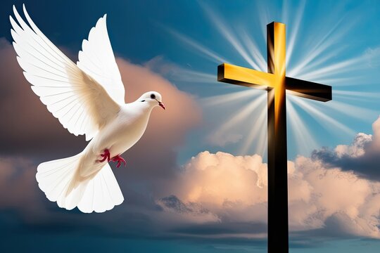 Stunning White Dove Soaring Near Bright Cross in Gentle Clouds for Whit Monday