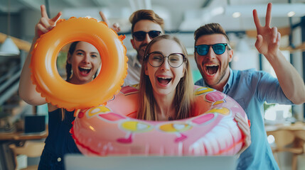 Funny happy business people standing in office on their workplace with beach air mattress holding rubber ring and going on holiday trip booking tickets for summer vacation online